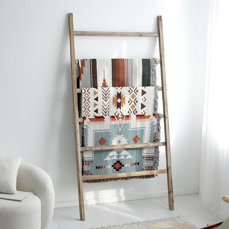 FUIN Extra Wide 6.4ft Wooden Blanket Ladder Living Room Decorative Wal Leaning Farmhouse Quilt Display Holder Rustic Wood Towel Rack for Bathroom, Burnt Brown, 38 inch Wide - Image 1